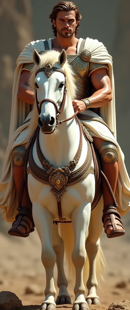 Ride White horse, Front view , Full-body,  looking at viewer, sole, Great of king, Alexander , Empire of Greek, ,  White horse, gorgeous harness,  30 years-old, handsome,( wave perm , brown hair , serious,),(diadem ,White head band Crown with jewel),  normal body,  ((An ancient Greek emperor wearing traditional imperial wear, body of leather armor and emboss of  Apron face , shoulder and arm protector  , White crock)), Gorgeous sandal, noon　,(Textured skin , HI Detail Skin, (Shorthand, Canon, 8k, Anatomically correct, Super Detail, Attention to detail, Your Highness)