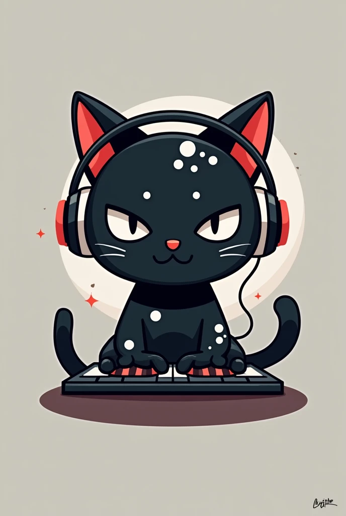 Can you create me a logo of a black cat with white spots? "GEIMER"  that he has headphones AND IS PLAYING and below that he has the words "MISHO TK"