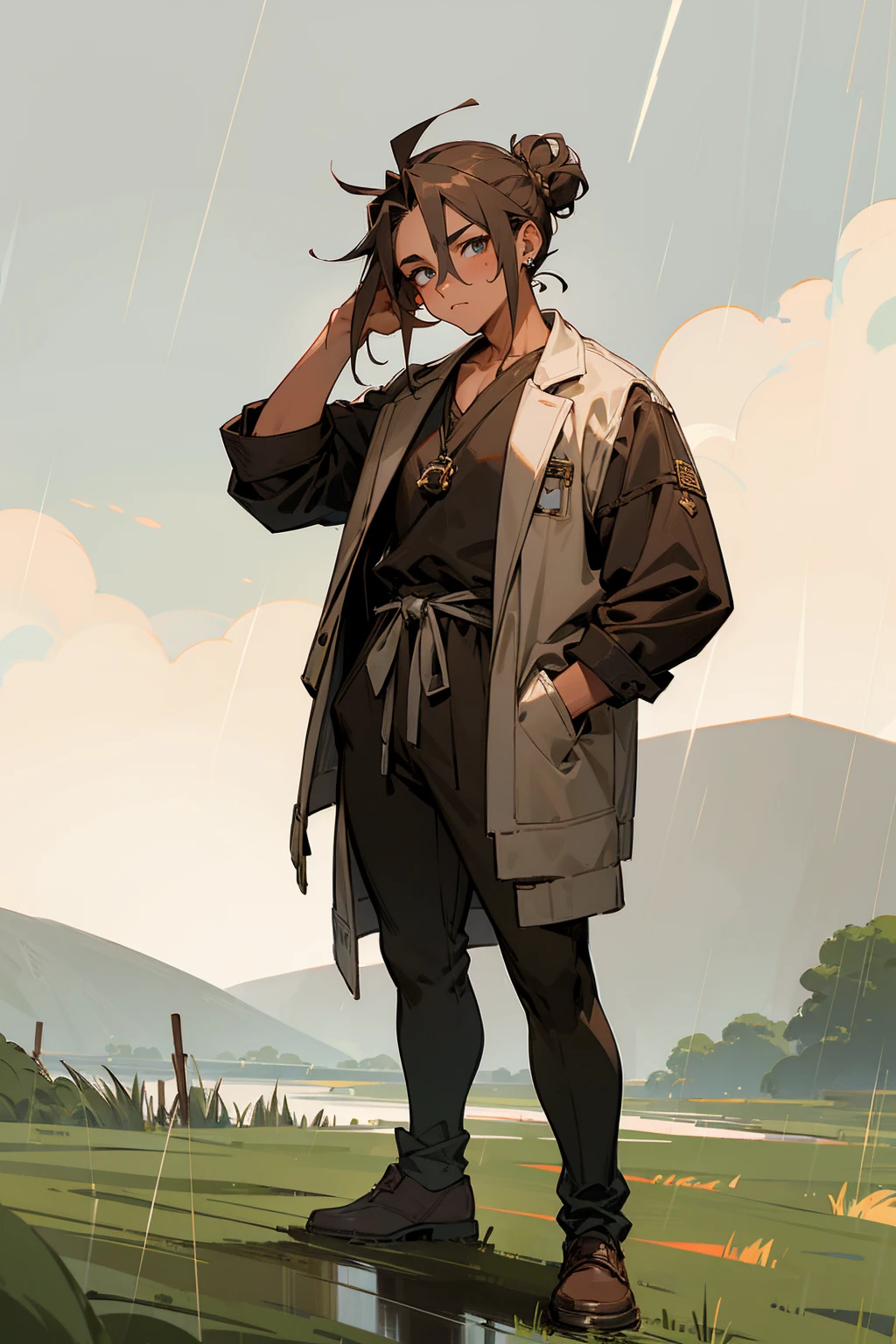 Masterpiece Quality, Perfect Generation, Sclera, Detailed Eyes, Skin, Brown Tied Up In Bun Hair, Muscular, Casual Clothing, Random Expression, , Rainy Field Background, Full Body, Tanned Skin, , Earrings, , Standing, , Clothed, Anime, Hair Tie, Male