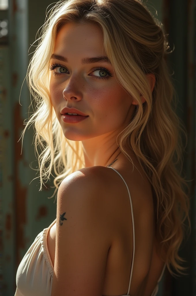 2, blond, slim waist, dramatic lighting, medium hair, detailed face, detailed nose, freckles, smirk, tattoo, Prom Dress Simple Casual, Adorable With Deep-V Back, realism, realistic