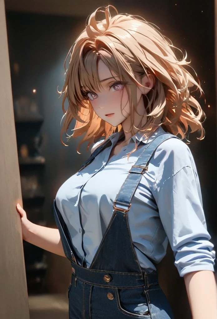 (solo), brown yellow hair, messy hair, mane hair, medium hair, dense hair, wild hair, expressive hair, mature,(2), pale skin, white eyes, ((Female)), beatiful girl, wearing a blue shirt, blue overalls, open shirt, tight clothes, long black pants, rolled up sleeves, beautiful, attractive, large breast, and round and big ass, Holding a katana, eye reflection, depth of field, thunder aura, cinematic lighting, ray tracing, depth of field, cinematic lighting, ray tracing, UHD, high details, best quality, highres, high quality, award winning, super detail, masterpiece, 8k, UHD, high details, best quality, highres, high quality, award winning, super detail, masterpiece, 8k, digital art, anime coloring, body shot, good face, perfect face, detailed face, good eyes. Dark Closet and bedroom background