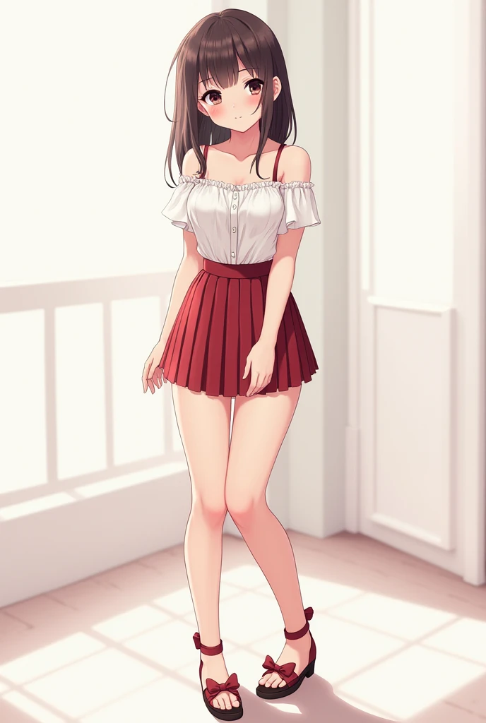 Generates an anime girl showing her legs wearing flat shoes with a bow and ankle strap with a short skirt and a blouse that shows her nipples 