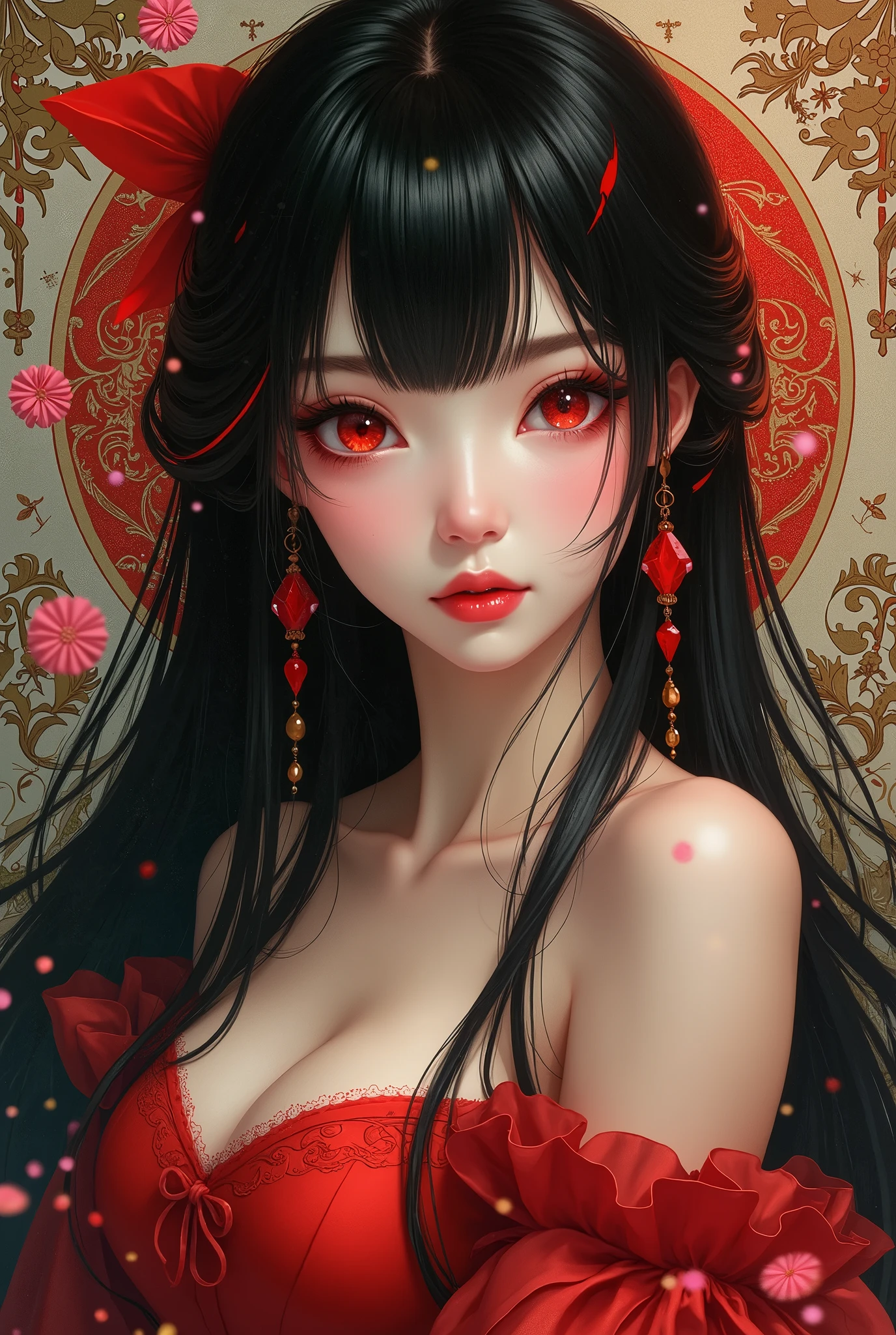 A girl with long loose black hair, crimson red eyes. Deep red lipstick, red eye shadow , Full body very big breasts demon, full body full nude dancing , full body with geisha clothes , big breasts
