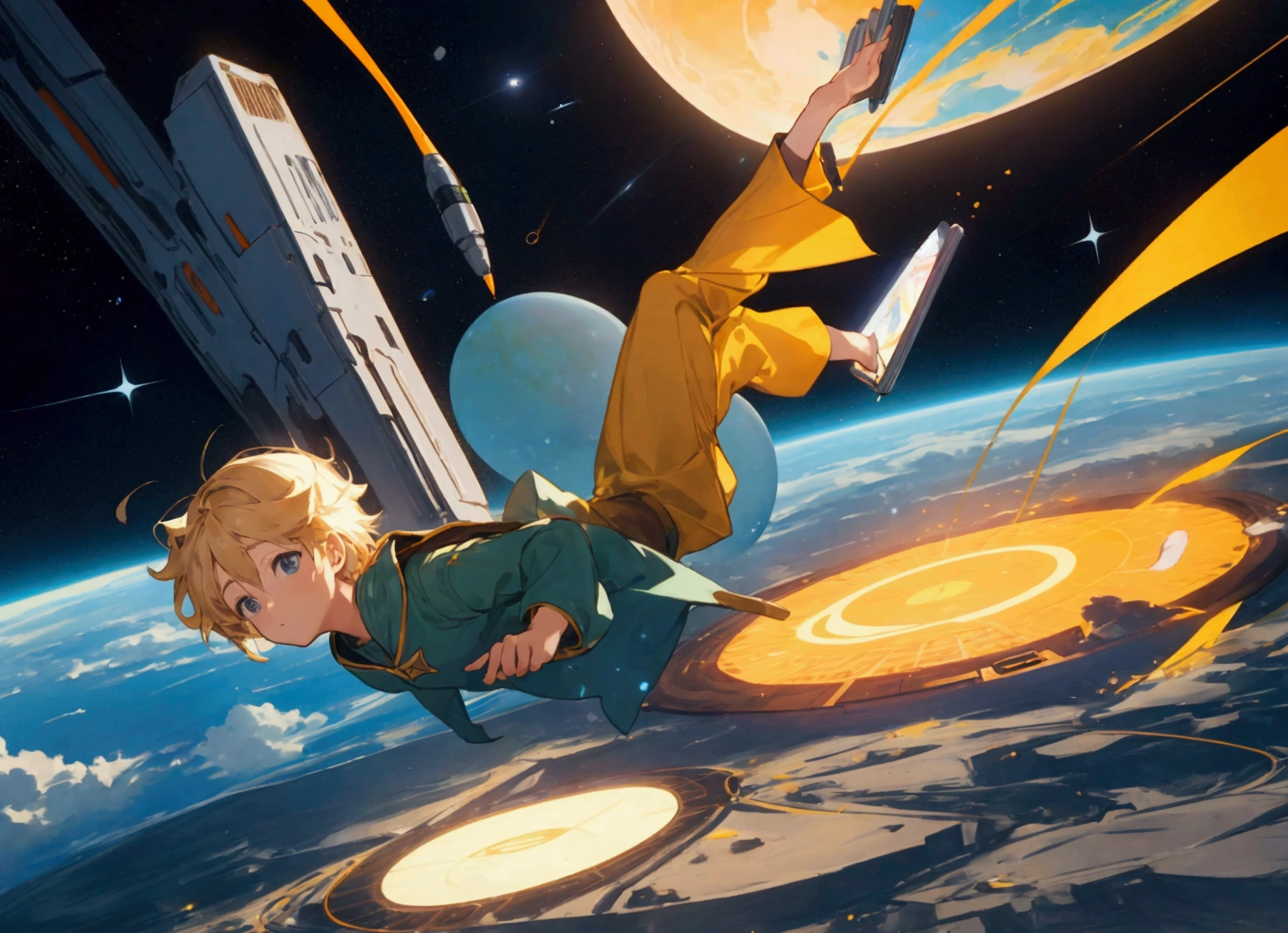 The image shows a figure of a child "the little Prince" floating in space with a background of stars and planets. "the little Prince"is in a dynamic and relaxed pose, with the body slightly leaning back and the head turned to one side. The right hand holds a digital pen near his mouth, as if in a thoughtful or creative pose, while the left hand is extended forward, with fingers open towards the camera giving the sensation of perspective in the pose.
The left leg is extended and sticking out over what appears to be a graphics tablet, while the right leg is partially bent also magically coming out of the tablet. On the graphics tablet you can see the logo of "XP-Pen", a well-known brand of graphic tablets.
The figure of the "principle" It's magically coming out of the tablet.
The composition of the image gives a sense of creativity in a vast and expansive environment., suggesting that the act of creating digitally is something that can be as limitless as space.
Anime style semi realism illustration.