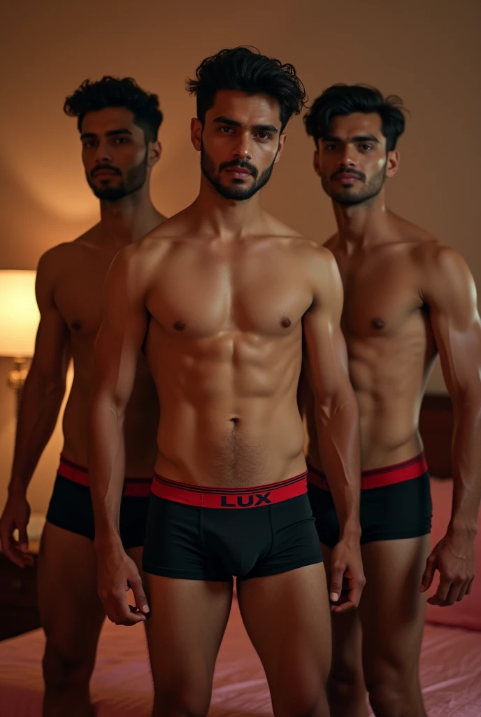 A 28 years Indian boy  with 2 friend both are in tank top under vest and were Indian  Lux classic black trunk underwear  in bed room standing position were Indian Lux classic trunk underwear and Lux classic company barding on trunk underwear make more hot body trunk  red colour and black underwear