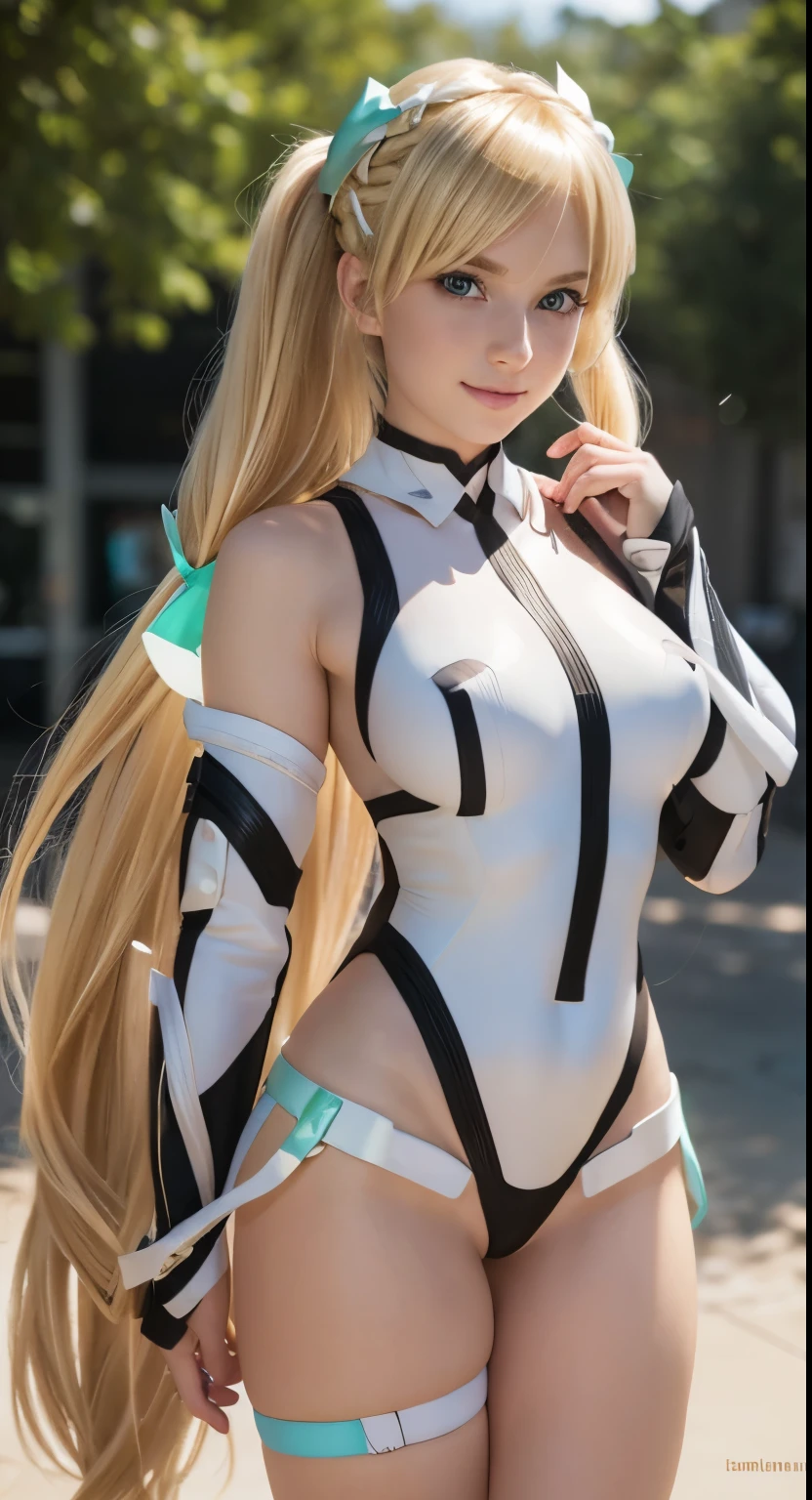 angela balzac costume, blonde eyes, pale skin, blonde hair, twintails, very long hair, hair ribbon, tsurime, Hyperrealism, Realism, UHD, anatomically correct, masterpiece, textured skin, accurate, high quality, highres, best quality, 8k, cheeky smirk, gleaming eyes, sunny disposition, Joyful glow,