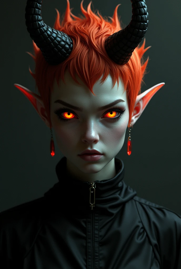 Androgynous woman with very short red hair and orange horns. orange eyes.