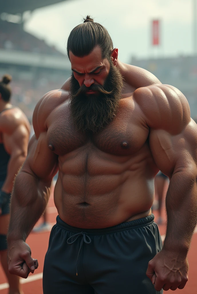 Very strong bearded man with his head down waiting for his turn in the relay 