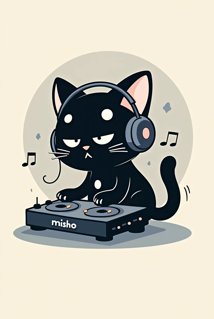 Can you create me a logo of a black cat with white spots? "GEIMER"  that he has headphones AND IS PLAYING and below that he has the words "MISHO TK"