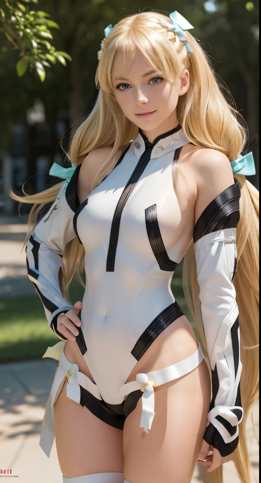 angela balzac costume, blonde eyes, pale skin, blonde hair, twintails, very long hair, hair ribbon, tsurime, Hyperrealism, Realism, UHD, anatomically correct, masterpiece, textured skin, accurate, high quality, highres, best quality, 8k, cheeky smirk, gleaming eyes, sunny disposition, Joyful glow,