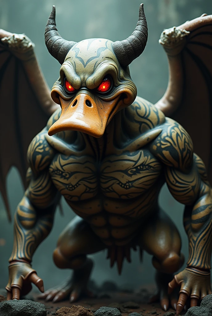 (ultra detailed)、Donald Duck-esque monster、Evil Face、Red glowing eyes、（Tattoo:1.5）、horn、wing、Muscular body