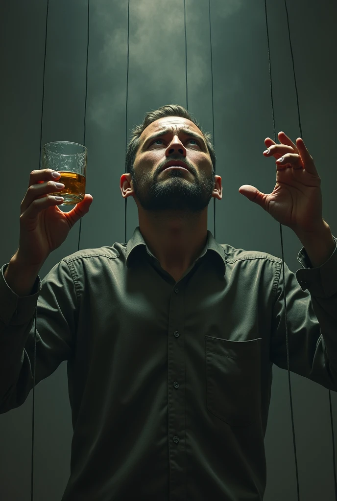 Representation of a man being manipulated like a puppet into drinking alcohol 