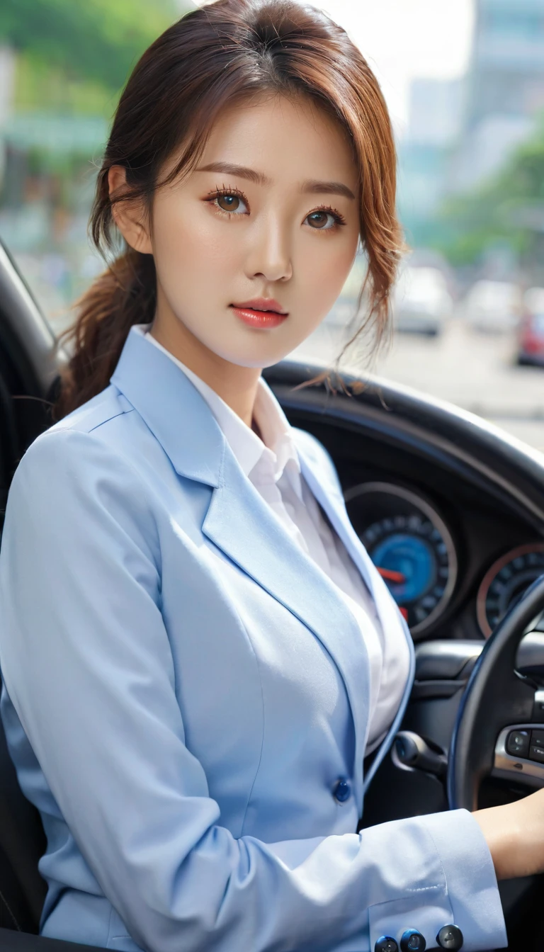 close-up of beautiful korean female, 34 inch breasts size, blue eyes, wearing office uniform, driving to work, bokeh background, UHD