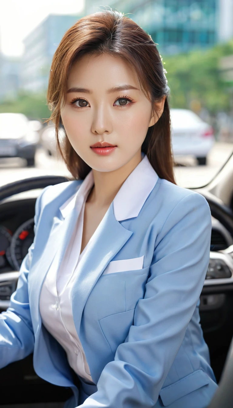 close-up of beautiful korean female, 34 inch breasts size, blue eyes, wearing  office uniform, driving to work, bokeh background, UHD