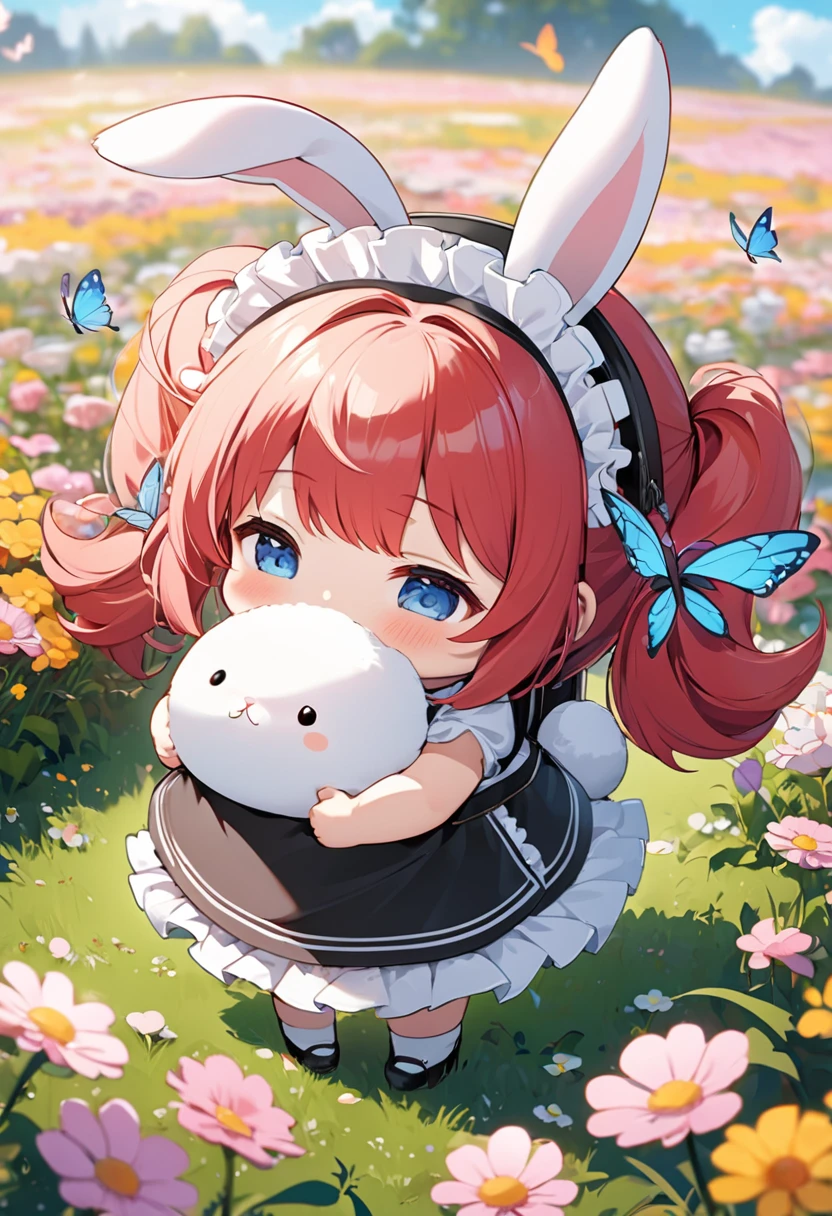 Super Chibi Style Girl is going on an excursion with a rabbit wearing a backpack.The girl has red hair in twin tails.She is wearing a maid's headdress and a gorgeous maid outfit with very cute frills.She is carrying a cute light pink backpack.The rabbit is plump and has fluffy white fur.The girl is lost and searching for the way,The rabbit looks at the girl anxiously.Cute flower field background with butterflies flying gently、High quality, masterpiece, best quality, 4, 8k, ultra detail,Vivid Color