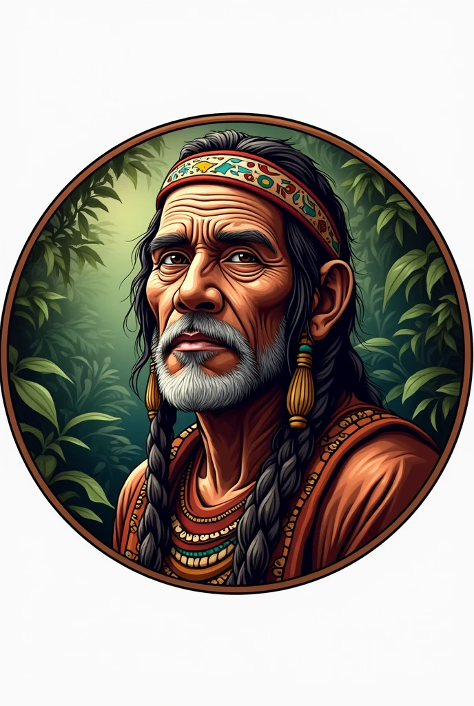 Create a round logo with the theme terreiro casa de caridade do caboclo Rompe Mato That has a photo of a Tupi Guarani Indian and that has the name "Rompe Mato Caboclo Charity House"