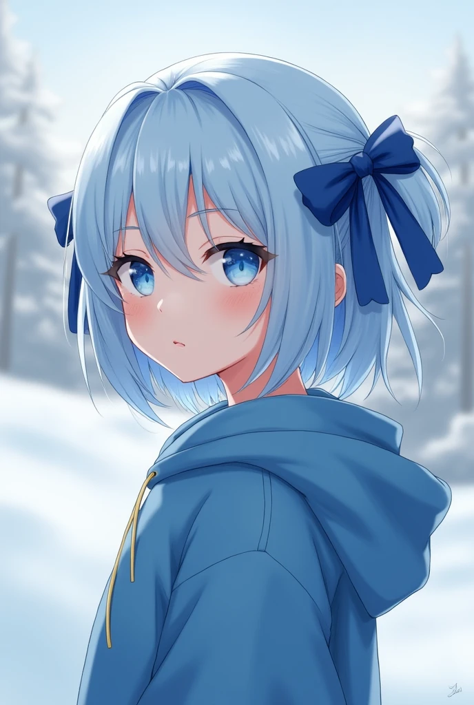 1girl,light blue hair,blue eyes,hair ribbon,blue hoodie,winter,looking at viewer,profile picture