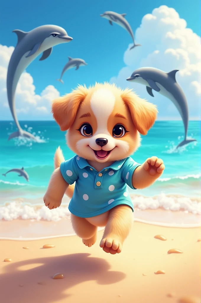 Create an image of a puppy on the beach with a blue shirt with white polka dots and the sea in the background with jumping dolphins