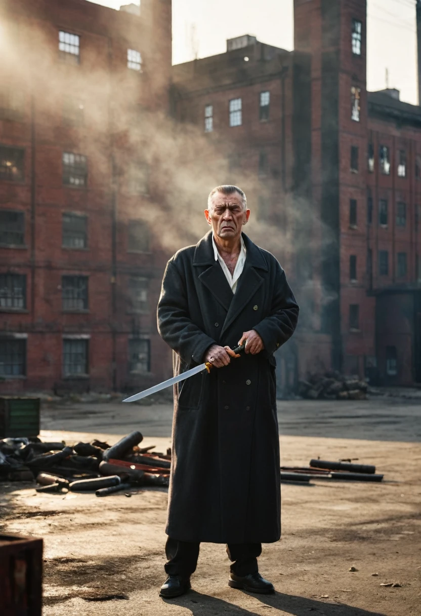 (photorealism:1.2), beautiful angry man with swords,old factories in background,many gangsters in background with knife and suns,sunlight coming from background,wearing bloody coat and paint, cigarette in his hand,smoking