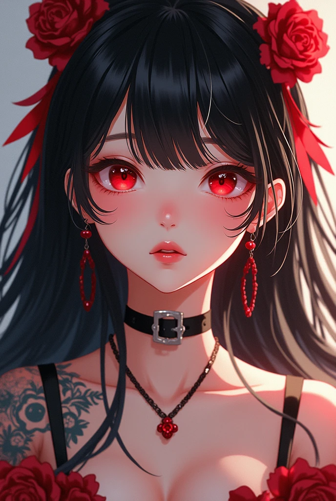  Japanese girl with more or less long black hair with bangs and red highlights, e sexy, Lady,Red hair,dress,beautiful,anime,tattoo, face portrait, close up, big beautiful detailed eyes, ulzzang, art nouveau, candy, sweets, 
