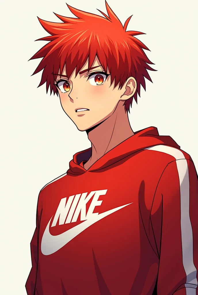 Red-haired anime man character wearing a Nike sweatshirt