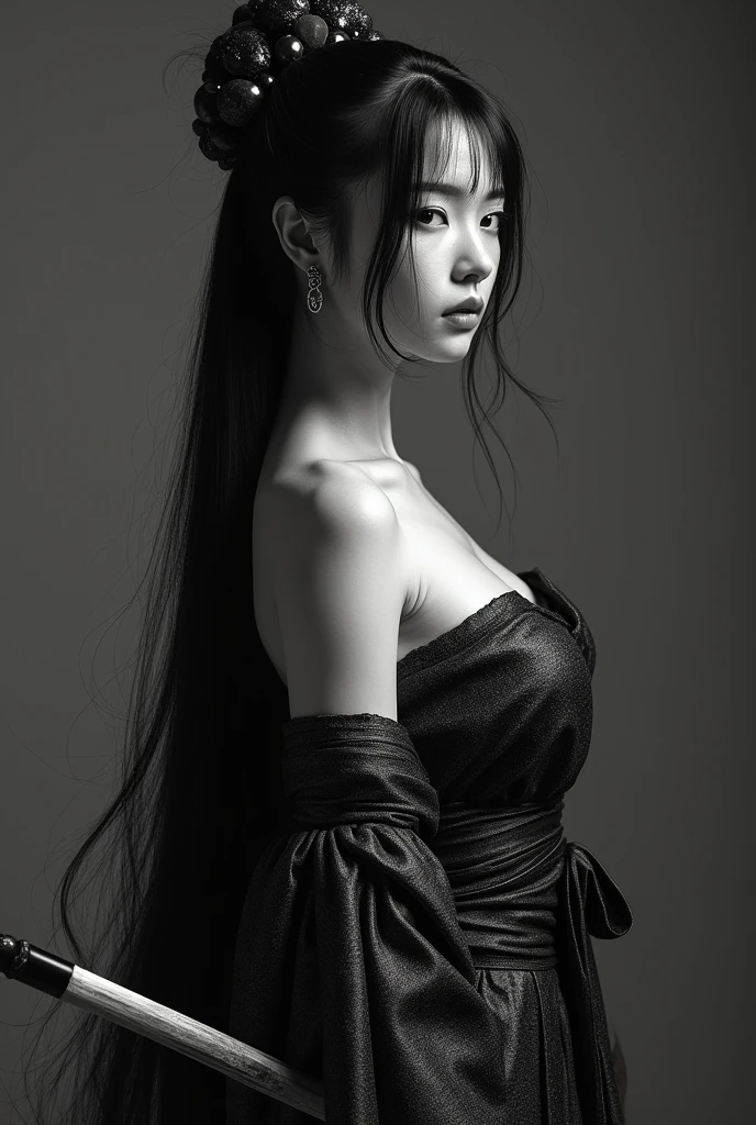 samurai woman, Monotone color fashion,  ((masterpiece, highest quality, Highest image quality, High resolution, photorealistic, Raw photo, 8K)), ((Extremely detailed CG unified 8k wallpaper)), (huge stunning goddess shot, very hot and sexy, jaw-dropping beauty, perfect proportions, beautiful body, slim body beauty:1.4),  
