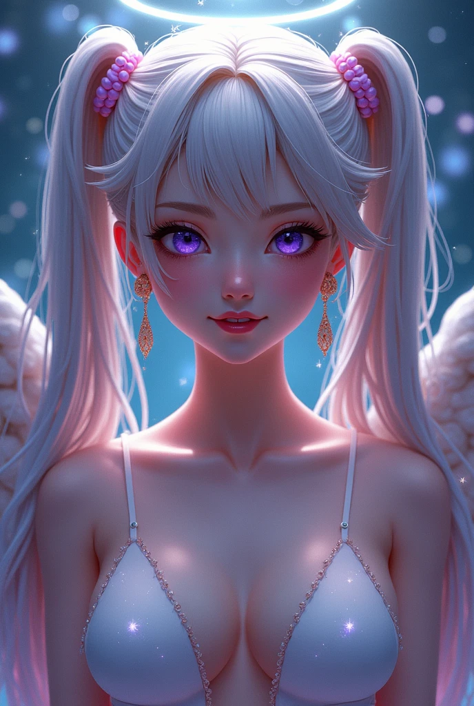 One person, smile, Purple eyes, Earrings, Angel Halo, chest, masterpiece, Textured skin, Sparkle Effect, Futuristic, Twin tails,