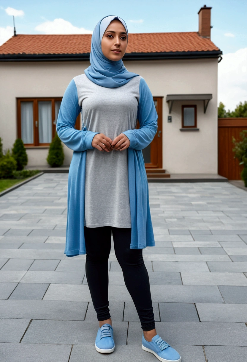 Please make me a realistic photo of a woman in a light gray hijab, light blue color t-shirt standing on a paving with the background of house and sky. The individual wears a long-sleeved shirt, leggings, and shoes ((full body)) of a professional gemoy body.