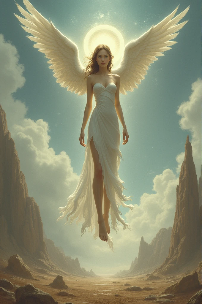 highest quallity、work of art、high sensitivity、high resolution、Detailed Description、slender women、A cup bust、cups、Circle of angels over the top、Big wings of an angel、barren earth、floating in mid - air、