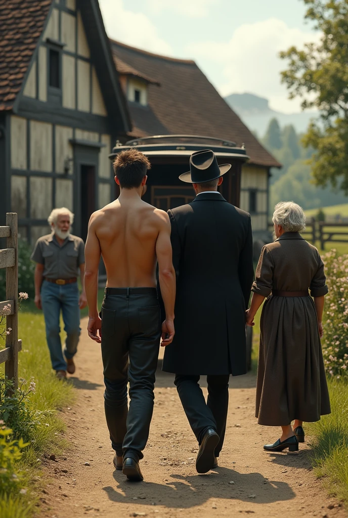 A handsome attractive man with a hat and a black cowboy dress getting out of a car with a young handsome shirtless skinny white gay man introducing his grandparents to his boyfriends on a farm