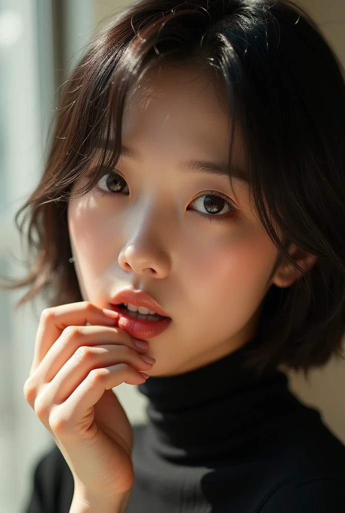 RAW photo in sequence, Photo of a 1, asian women, turtle neck shirt, short stright hair(Upper body selfie, happpy)), biting finger, detailed face, Slightly blurred, Detailed backgrounds, natural lightting, HDR, foto realista, professional photo, Flirting with the viewer, Visual sexy, photorealestic, Linda, natural skin, 8K UHD, high quality, filmic grain, Fujifilm XT3