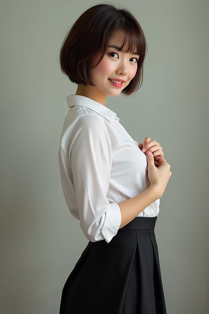 Thai female teacher , short hair ,White shirt, black skirt , Short skirt , See the underwear, big breasts ,Unbutton the shirt, leaving the chest exposed , Turn your butt towards the audience.