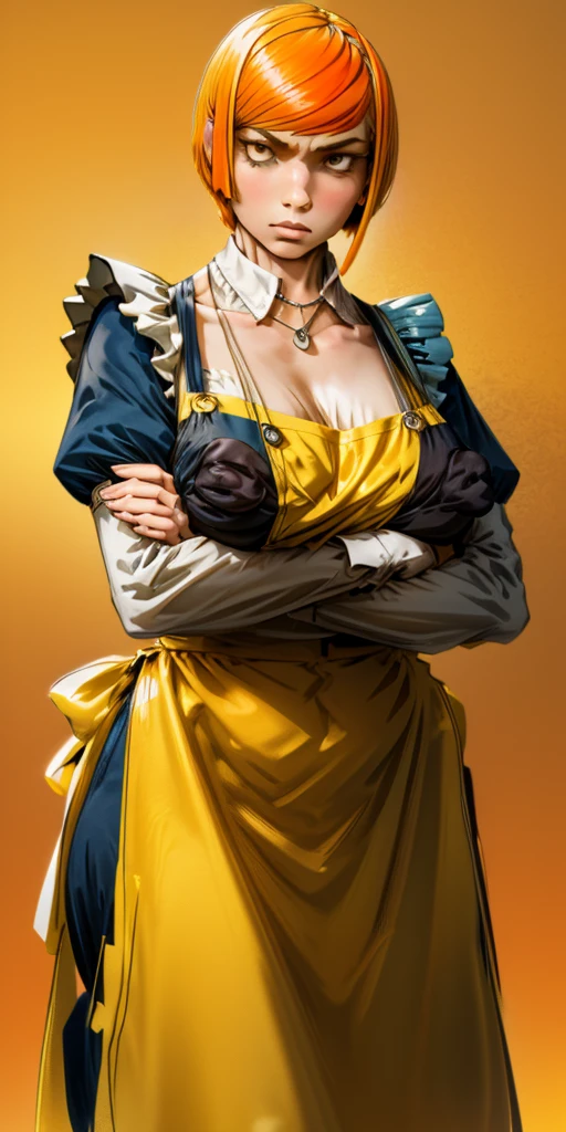 1girl, solo, maid with apron, yellow and orange hair, short bob haircut, medium breast hold, breasts, heart brooch necklace, closed mouth, crossed arms, dress, dusk, enmaided, evening, frown, long sleeves, looking at viewer, maid apron, maid headdress, yellow and orange background, orange sky, orange theme, ribbon, sunflower, sunset, v-shaped eyebrows, yellow and orange apron, yellow and orange background gradient, yellow and orange theme