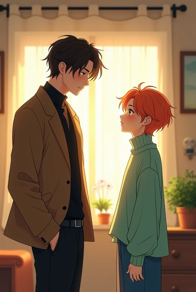 style: manhwa genres: boy'slove  
1º chico: a good looking 30 year old man with no beard or moustache, scar on left cheek, Serious charcoal eyes, Dark brown hair to one side and a little long to the nape of the neck, light colored skin, outfit, a black shirt and a brown jacket with black dress pants.

2nd boy: a very young looking 20 year old, no beard or mustache, light green female eyes, Orange hair with two strands in the center and a short, unshaven head, delicate but masculine face, Peach skin color and slightly reddish lips, outfit, a loose-fitting Caffarena with a mint green turtleneck and blue trousers.

Pose del 1º chico y 2nd boy: los dos están de frente pero el 2nd boy mira disimuladamente al 1º chico y el 2nd boy está ruborizado, the atmosphere is a homely house.
