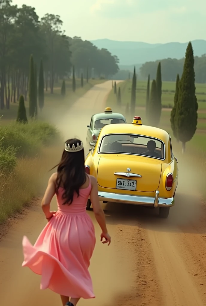 supper: one , wearing a tiara and a pink dress, is running towards a modern popular model taxi, that is on the dirt road in front of you, also following the same path. Both are being seen from behind. The taxi is ahead, kicking up dust as it moves away from . The road is dirt and there are some scattered araucaria trees on the sides., setting the scene in the Serra Gaúcha