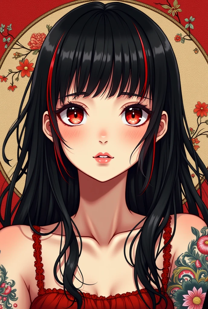 Japanese girl with more or less long black hair with bangs and red highlights, e sexy, Lady,Red hair,dress,beautiful,anime,tattoo, face portrait, close up, big beautiful detailed eyes, ulzzang, art nouveau, candy, sweets, tattoo background pattern, tapestry,