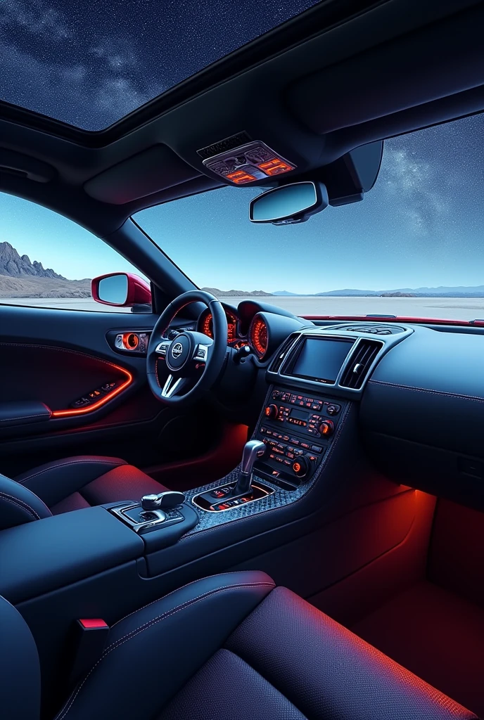 Create a high-tech Nissan 350z interior, with drift handbrake and all modern technologies… the interior is very luxurious.. star on the ceiling .. turbo