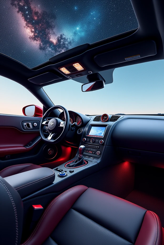 Create a high-tech Nissan 350z interior, with drift handbrake and all modern technologies… the interior is very luxurious.. star on the ceiling .. turbo