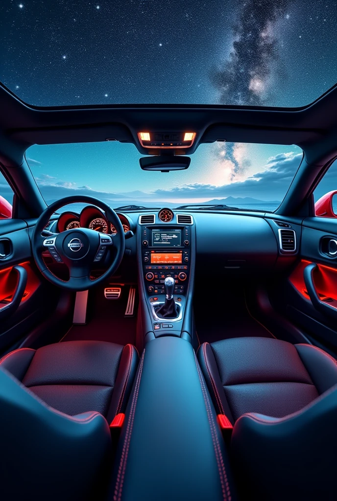 Create a high-tech Nissan 350z interior, with drift handbrake and all modern technologies… the interior is very luxurious.. star on the ceiling .. turbo 