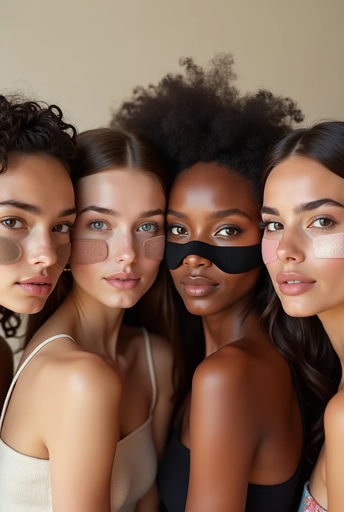Aesthetic and creative Banner of four real models with applied different face masks like coffee,charcoal,rose,rice mask