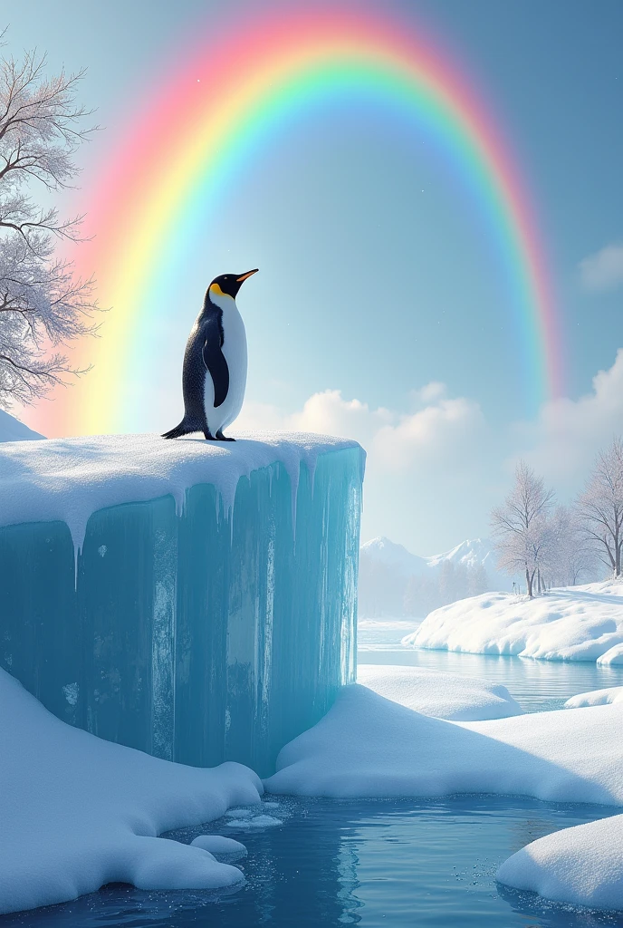 Penguin watching a triple rainbow on top of a giant ice block with lots of snow on the ground and frozen trees