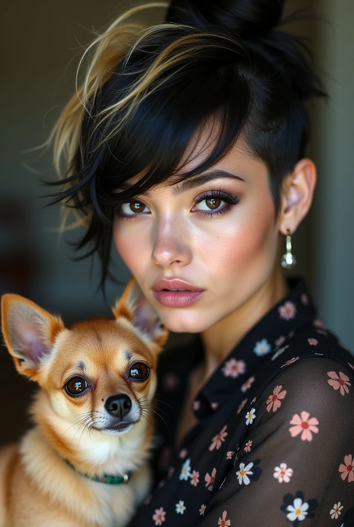 Create my photo I am a brunette girl with small eyes, a bigger nose, a small mouth, dyed blonde hair with black roots, with a small Chihuahua dog with a light brown Pincher 