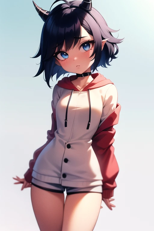  She's quite small in stature with , delicate features.
She has pointed ears and short, thin horns.
Her skin tone is a red.
Her hairstyle is a short bob with bangs.
Wears a hoodie, shorts, and sneakers.
Has a childlike and naïve demeanor.
Her eyes are a bright, sparkling blue.
She has a small, button nose and rosy cheeks.
Her legs are slender and .
She wears a pair of white, cotton-style panties beneath her shorts.
Her hoodie is oversized and has "I <3 Hell" printed on the front.
Imp girl

Delicate
Childlike
Bright blue eyes
Rosy cheeks
Skinny legs
White cotton panties
Oversized "I <3 Hell" hoodie
Devil girl
Succubus tail 