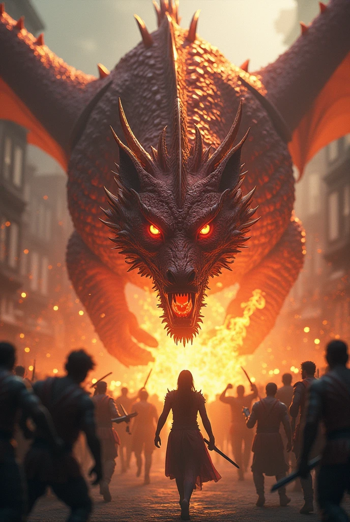 dragon with cat face haveing fire in mouth, looking to camera people scared and running ,a man with Saward standing to kill dragon