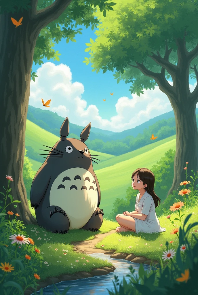 Please draw my neighbor Totoro and a beautiful woman。