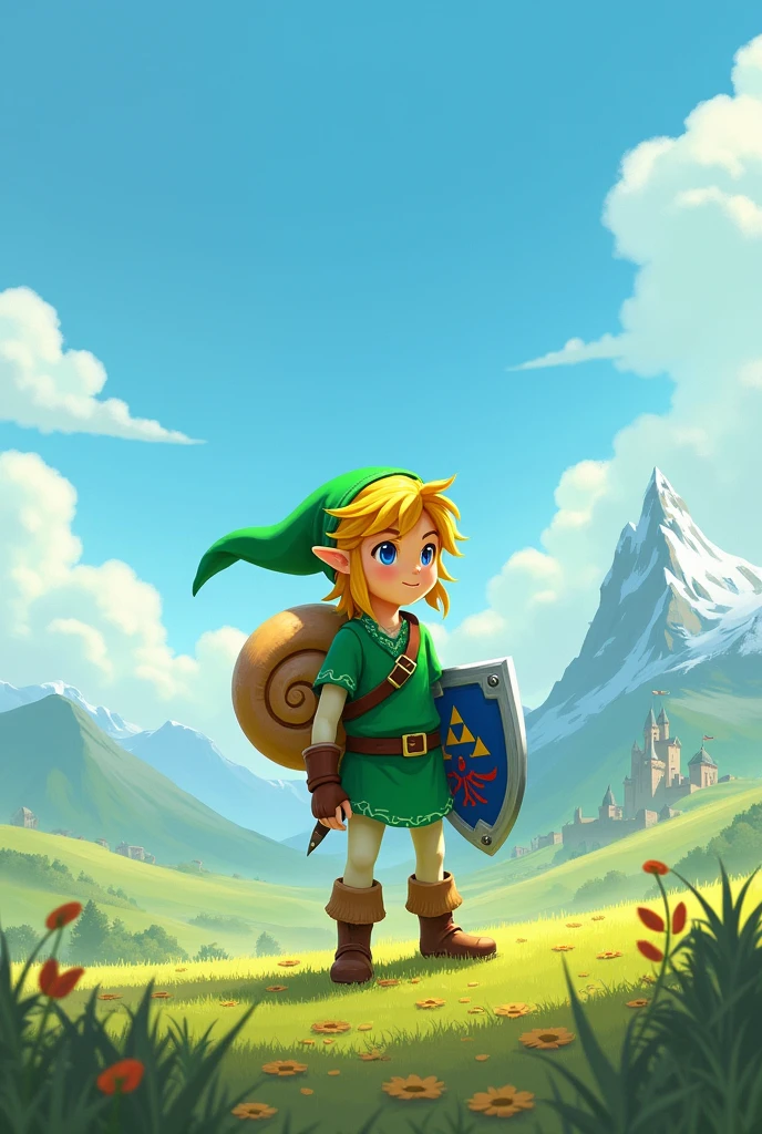 Wearing a green hat and green clothes,手持蓝色盾牌的金发男孩背着Snail壳,In the Zelda game,A vast world,Blue sky,Snow Mountain,Earth,castle,Snail,