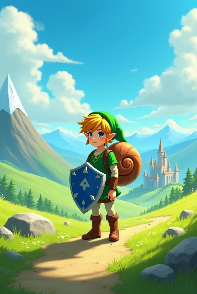 Wearing a green hat and green clothes,手持蓝色盾牌的金发男孩背着Snail壳,In the Zelda game,A vast world,Blue sky,Snow Mountain,Earth,castle,Snail,