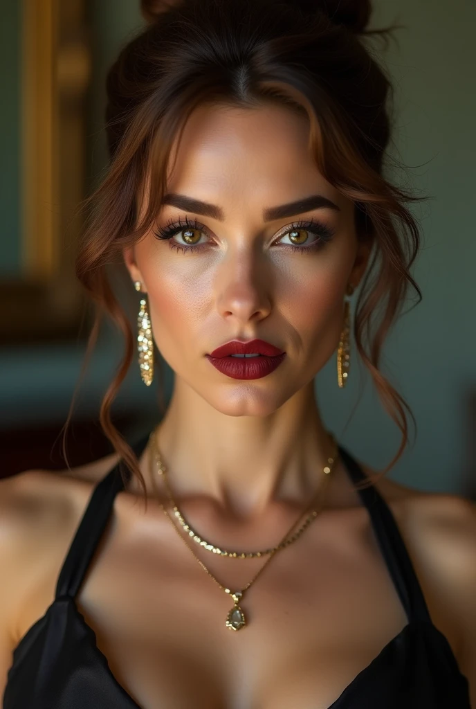 (Please open your mouth wide:1.9), (Semen-covered .:1.8), (Frightened expression:1.5), (A look of contempt:1.5), Luxury hotel interior, Browsing Caution, masterpiece, Highest quality, Accurate, 超High resolution, retina, Very detailed, Awards, High resolution, Anatomically correct, (Realistic:1.4), RAW Photos, (Soft Saturation:1.3), (Fair skin:1.2), 8k, 1 person, Mature adult woman, Beautiful evil, Evil and nasty sexy women, (Perfectly beautiful woman, A perfectly beautiful face, Perfectly beautiful eyes, perfectly beautiful nose, perfectly beautiful nose孔, perfectly beautiful lips), (Chestnut-colored hair tied on top of the head), (Compensate:1.3), (Eye Reflexes:1.3, Solid Circle Eye, Ring-shaped eyes, Sparkling eyes:1.2, Long eyelashes:0.7, Amber Eyes), (Crystal Earrings, Shiny gold necklace), (Captivating smile:1.4, Cruel smile:1.4), (dark red lips:1.3, Glossy Lips:1.5,Lip reflection:1.5), (clavicle, Cleavage, Huge saggy breasts, Silk dress:1.5), (Detailed texture of wrinkles on clothing:1.3), Looking at the audience, POV, Bukkake