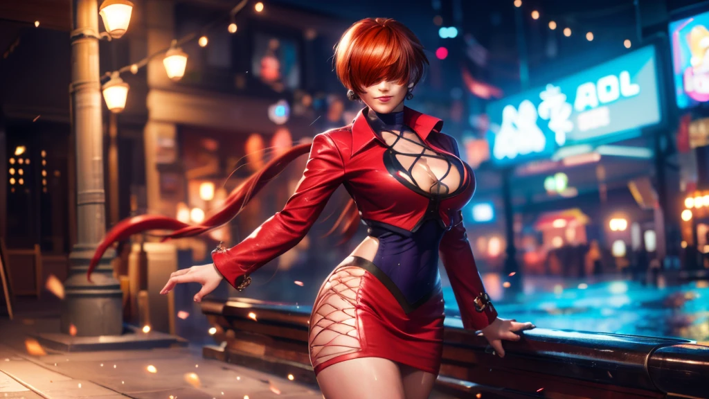 (at night), alone, in a video game scene, a background of a beautiful city during the day raining, standing at attention, red hair, pink clothes ((red hair)), 1 girl, alone, 20 years old, woman young, perfect and beautiful hands with perfect fingers, beautiful long legs, perfect legs, beautiful body, beautiful nose, beautiful character design, perfect face, looks at the viewer (focusing on the entire character), closed mouth, Light_Smile, official art, extremely detailed 8k CG wallpaper unit, perfect lighting, bright and colorful front lighting, glowing skin (masterpiece: 1.0), (best quality: 1.0), ultra high resolution, 4K, ultra detailed photography, 8K, HDR, high resolution, nonsense: 1.2, Kodak portra 400, film grain, blurred background, bokeh: 1.2, lens flare, (vibrant_color: 1.2), professional photography, (beautiful_face: 1.5), (narrow waist),