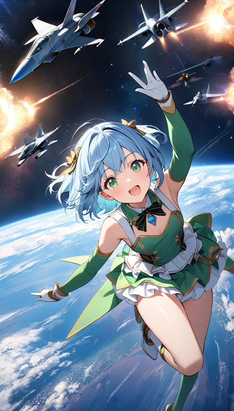 Highest quality、Light blue hair、Short Bob、Deep green eyes,25years old,,small breast,Gorgeous idol costumes、Singing on a fighter jet,universe,universe用戦闘機、Earth below、Information in the galaxy